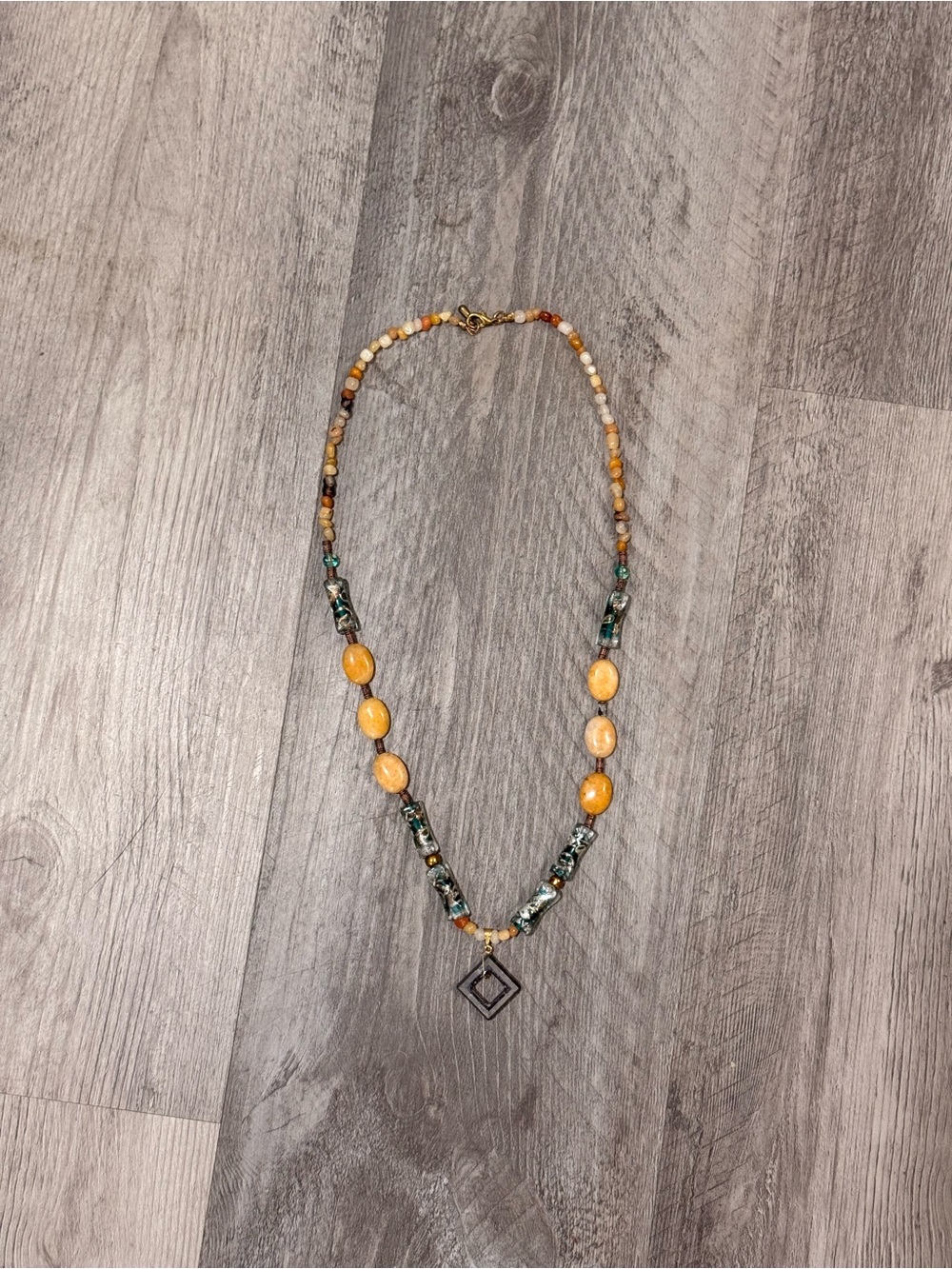 Handcrafted Yellow Beaded Necklace with Geometric Pendant